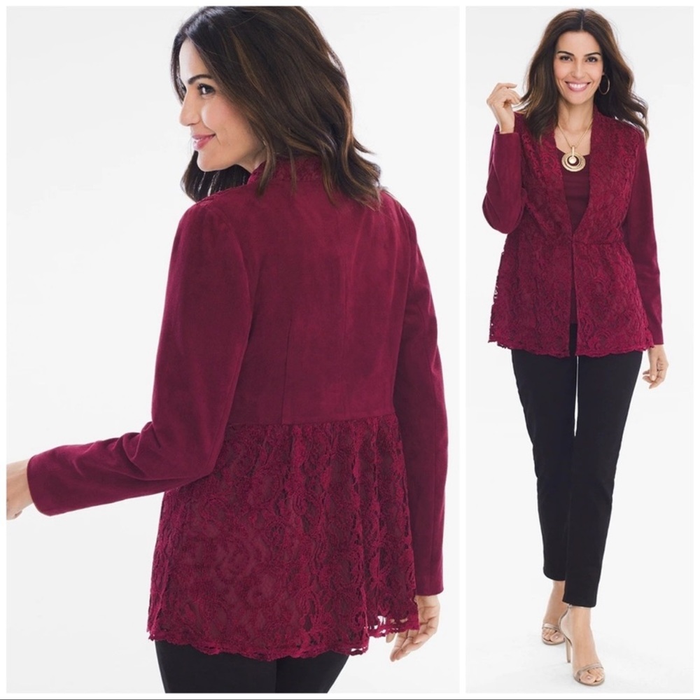 Chicos Faux Suede Lace Blazer Jacket Feminine Red Maple Chico’s Size 1 Medium